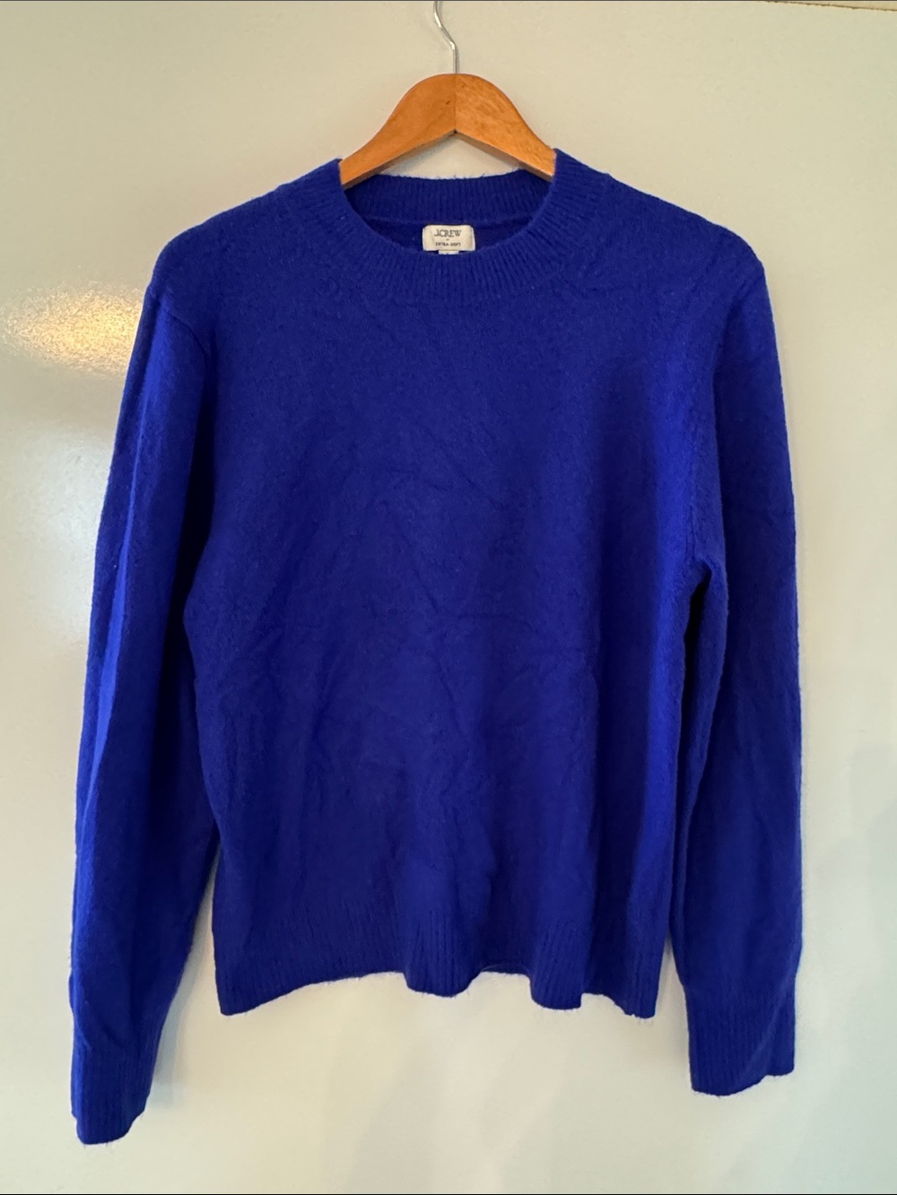 J CREW BLUE PUFF SLEEVE SWEATER WOMENS LARGE EXTRA SOFT YARN CREW NECK